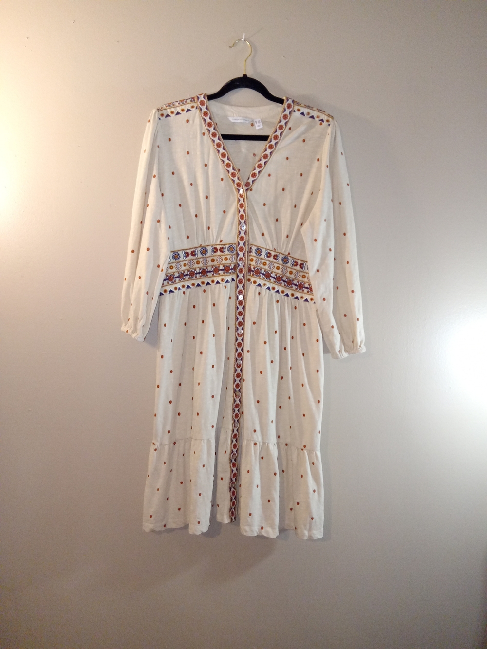 Cream Boho Maxi Dress with Orange Dot and Embroidered Waist
